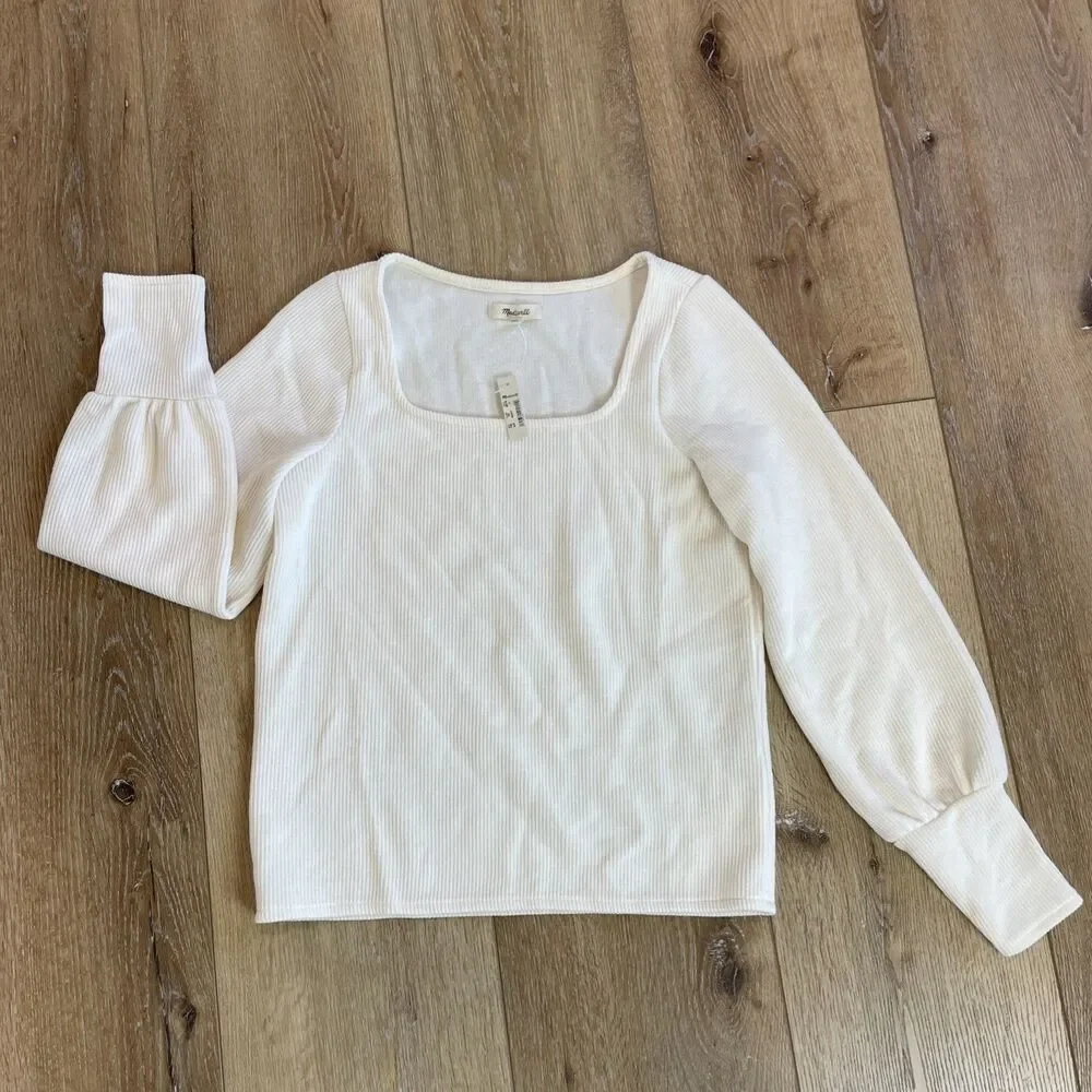 NWT Madewell Ribbed Square Neck Top Ivory Puff Sleeves Small Ottoman Sweater
